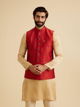 Manyavar - Men Rust Brocade Sleeveless Nehru Jacket with Pocket Pin