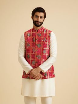 Manyavar - Men Red Art Silk Sleeveless Nehru Jacket with Pocket Pin