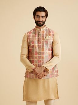 Manyavar - Men Beige Art Silk Sleeveless Nehru Jacket with Pocket Square and Brooch