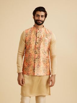 Manyavar - Men Orange Art Silk Sleeveless Nehru Jacket with Pocket Square and Brooch