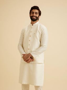 Manyavar - Men Cream Viscose Blend Sleeveless Nehru Jacket with Pocket Pin