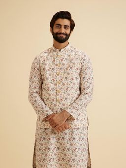 Manyavar - Men Beige Cotton Blend Sleeveless Nehru Jacket with Pocket Pin