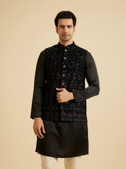 Manyavar - Men Black Velvet Sleeveless Nehru Jacket with Pocket Pin