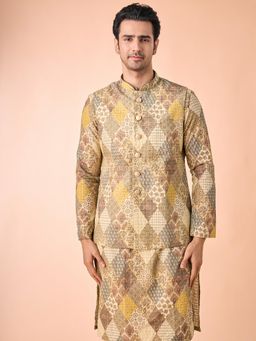 Manyavar - Men Green Cotton Blend Sleeveless Nehru Jacket with Pocket Pin