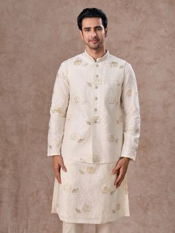Manyavar - Men Cream Viscose Blend Sleeveless Nehru Jacket with Pocket Pin