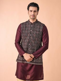 Manyavar - Men Wine Velvet Sleeveless Nehru Jacket with Pocket Pin