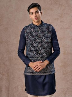 Manyavar - Men Blue Velvet Sleeveless Nehru Jacket with Pocket Pin