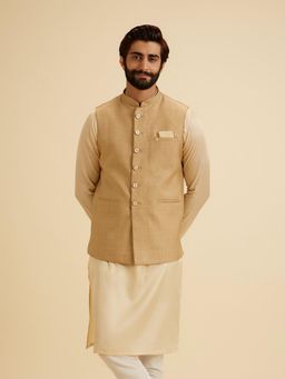 Manyavar - Men Beige Art Silk Sleeveless Nehru Jacket with Pocket Square and Brooch