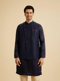 Manyavar - Men Blue Rayon Blend Sleeveless Nehru Jacket with Pocket Square and Brooch