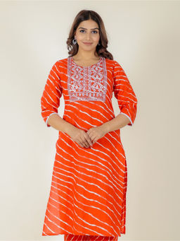 ARAMYA - Red Soft Cotton Straight Leheriya Print Kurta For Women