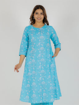 ARAMYA - Blue Soft Cotton A-Line Floral Print Kurta For Women