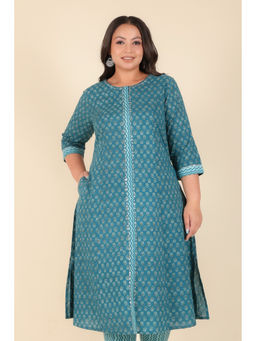 ARAMYA - Blue Soft Cotton A-Line Block Print Kurta For Women