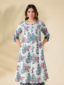ARAMYA - Cream Kantha Cotton A-Line Floral Print Kurta For Women