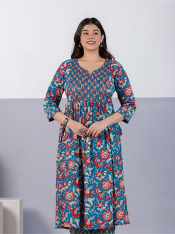 ARAMYA - Teal Soft Cotton A-Line Floral Print Kurta For Women