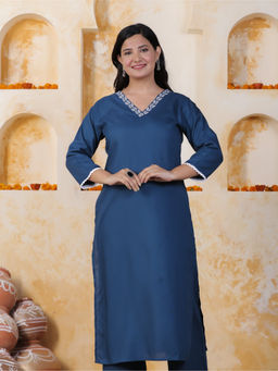 ARAMYA - Blue Soft Cotton Straight Solid Kurta For Women