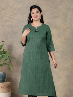 ARAMYA - Green Soft Cotton Angrakha Stripes Kurta For Women