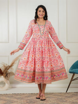 ARAMYA - Peach Soft Cotton Anarkali Geometric Print Kurta For Women