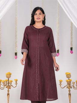 ARAMYA - Brown Lurex Cotton A-Line Stripes Kurta For Women