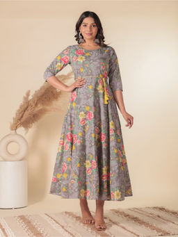 ARAMYA - Grey Soft Cotton Anarkali Floral Print Kurta For Women