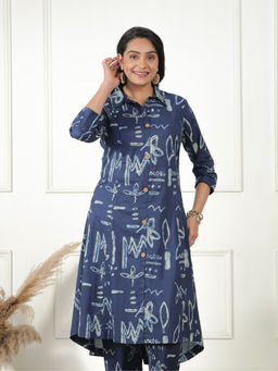 ARAMYA - Blue Soft Cotton High Low Abstract Print Kurta For Women