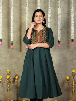ARAMYA - Green Linen Cotton Anarkali Solid Kurta For Women