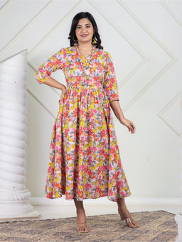 ARAMYA - Multi-Color Kantha Cotton Angrakha Floral Print Kurta For Women