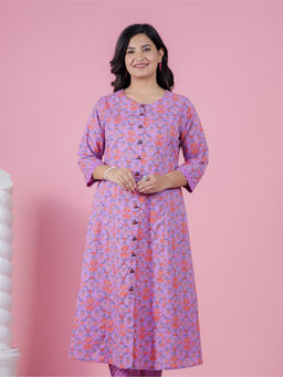ARAMYA - Purple Soft Cotton A-Line Floral Print Kurta For Women