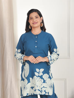 ARAMYA - Blue Soft Cotton Straight Placement Print Kurta For Women