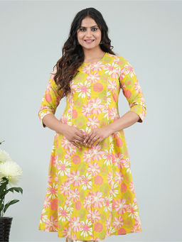 ARAMYA - Green Soft Cotton A-Line Floral Print Kurta For Women