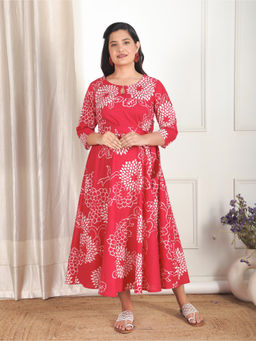 ARAMYA - Red Soft Cotton Anarkali Floral Print Kurta For Women