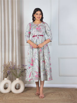ARAMYA - Grey Linen Cotton Flared Floral Print Kurta For Women