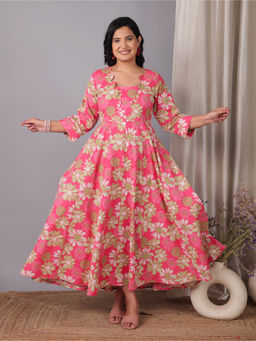 ARAMYA - Pink Soft Cotton Flared Floral Print Kurta For Women