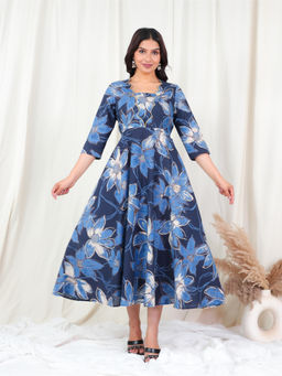ARAMYA - Blue Soft Cotton Floral Print Kurta For Women