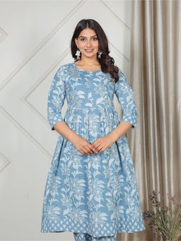 ARAMYA - Blue Soft Cotton A-Line Floral Print Kurta For Women