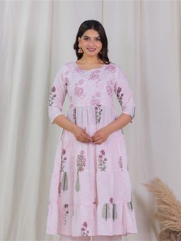 ARAMYA - Pink Soft Cotton Anarkali Floral Print Kurta For Women