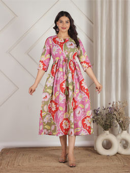 ARAMYA - Pink Soft Cotton Floral Print Kurta For Women