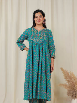 ARAMYA - Teal Soft Cotton A-Line Block Print Kurta For Women