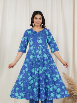 ARAMYA - Blue Soft Cotton Floral Print Kurta For Women