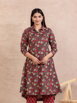 ARAMYA - Red Soft Cotton High Low Floral Print Kurta For Women