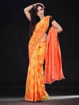 Beatitude - Yellow Cotton Silk Woven Jacquard Jamdani Saree with Unstitched Blouse