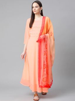 Jompers - Women Peach Embroidered Kurta with Trousers and Dupatta (Set of 3)