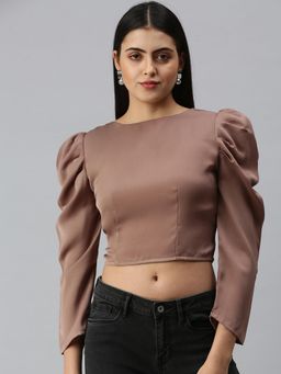 SHOWOFF - Women Round Neck Puff Sleeves Solid Taupe Crop Top