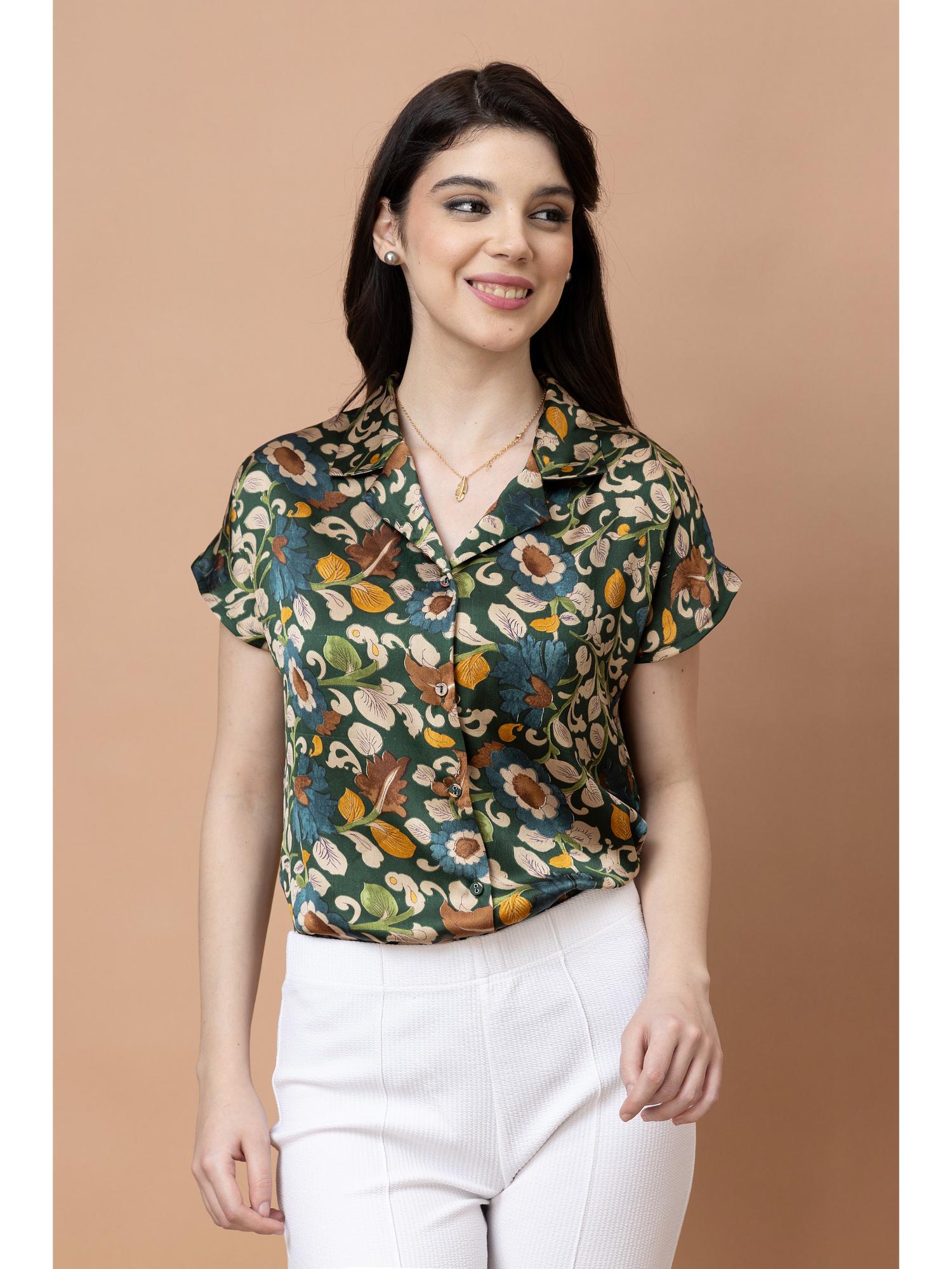 purys Green and Beige Cuban Collar Floral Printed Satin Shirt-picture-11