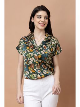PURYS - Green and Beige Cuban Collar Floral Printed Satin Shirt