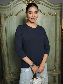 MLADA - Navy Relaxed Fit Longline Solid Cotton T-Shirt