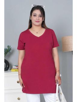 MLADA - Maroon Round Neck Half Sleeves Longline Cotton T-Shirt