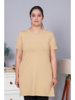 MLADA - Beige Round Neck Half Sleeves Longline Cotton T-Shirt