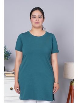 MLADA - Teal Round Neck Half Sleeves Longline Cotton T-Shirt