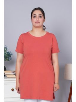 MLADA - Rust Round Neck Half Sleeves Longline Cotton T-Shirt