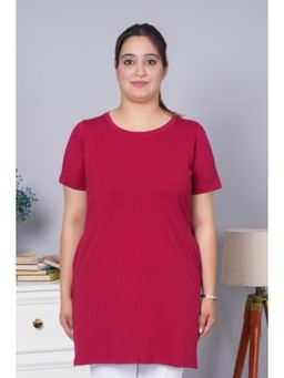 MLADA - Maroon Round Neck Half Sleeves Longline Cotton T-Shirt